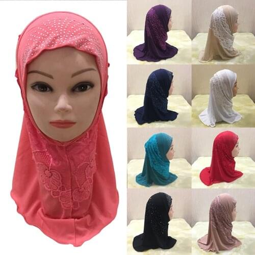 Muslim Girls Hijab Scarf Islamic Kids Rhinestone Lace Hijab Plain Turban Headwrap Shawl Elastic Cute Kid Burqa for 2-7 Years Old