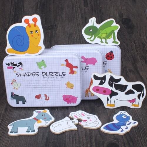 New Big Size Flake Baby Wooden Puzzle Early Education Animal Fruit Cognition Pair Card Puzzle Set With Metal Box For Infant Gift
