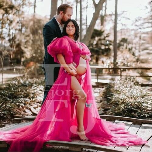 Petal Tiered Short Sleeve Fuchisa Tulle Sweep Train Party Gowns Maternity Dress for Photography Babyshower Party Dresses 2021