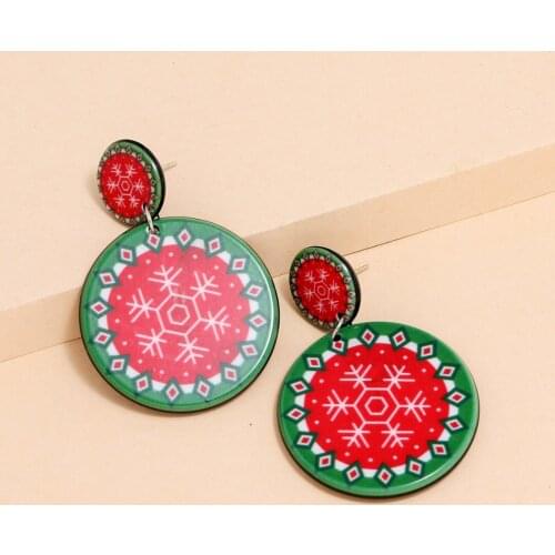 Christmas Snowflake Print Round Earring Women Bohemia Acrylic Drop Stud Earrings Fashion Creative Christmas Jewelry Gift