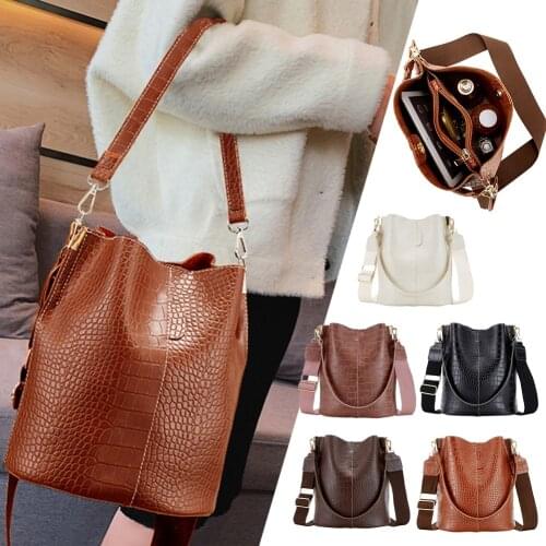 Retro Crocodile Pattern Women Shoulder Bags Casual Solid Color Messenger Bucket Handbag Portable Large Capacity PU Leather Purse