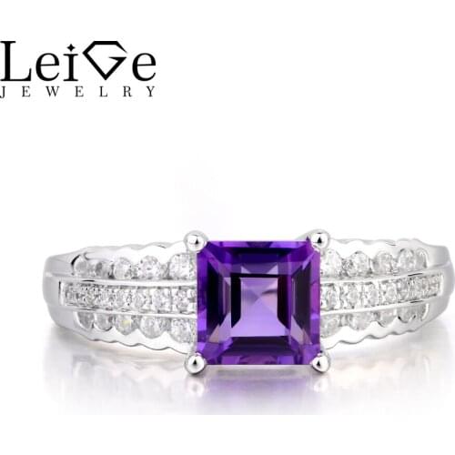 Leige Jewelry Natural Amethyst Ring Promise Ring February Birthstone Square Cut Gemstone 925 Sterling Silver Gifts for Women