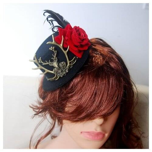 Unique Handmade Mini Top Hat Steampunk Alice Wonderland Deer Head Head Wear Rose Hair Accessories Gothic