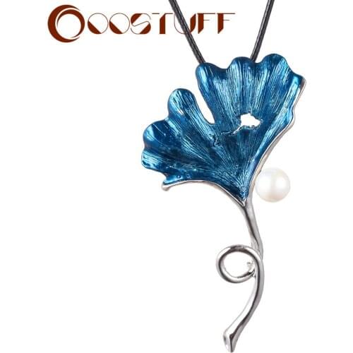 Vintage Blue Flower With White Bead Long Necklace Jewelry For Women Suspension Neck Decoration Plant Accessories Christmas Gift