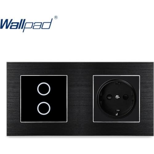 Wallpad 2 Gang 2 Way Switch Wall Touch Switch With EU German Socket Luxury Black Button Aluminium Alloy Satin Metal Panel