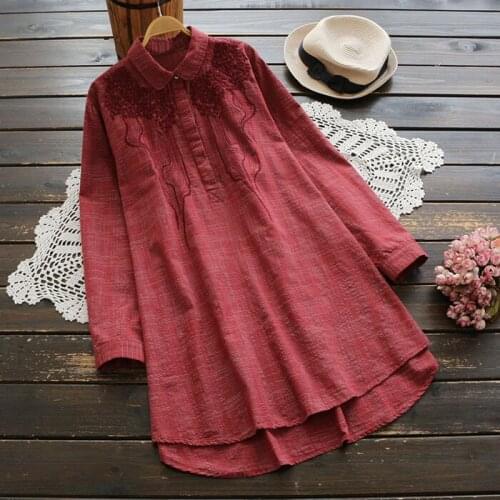 New 2021 Spring Womens Retro Embroidery Long-sleeved Cotton And Linen Long Shirt High Quality Vintage Female Blouses Button Up