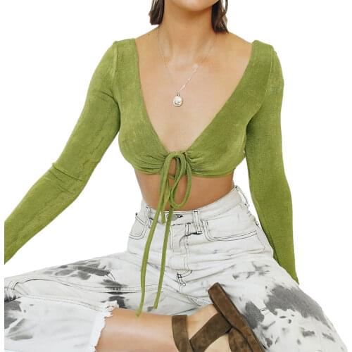 Women’s Casual T-shirt Fashion Solid Color Drawstring V-neck Exposed Navel Tops Summer