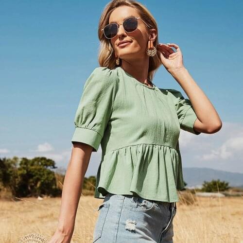 Chiffon Womens Solid Blouse Ruffle Single-Breasted At Back Female Blouses 2021 Summer Fashion Office Lady Green Patchwork Tops