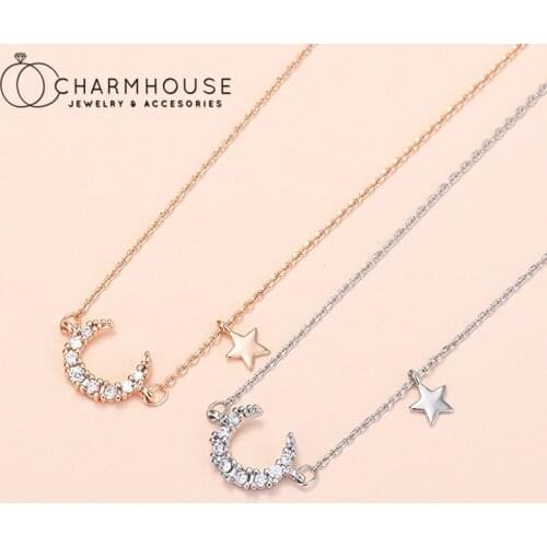 Zirconia Moon Star Necklaces For Women 925 Silver/ Rose Gold GP Pendant & Necklace Chain Collier Femme Choker Jewelry Bijoux
