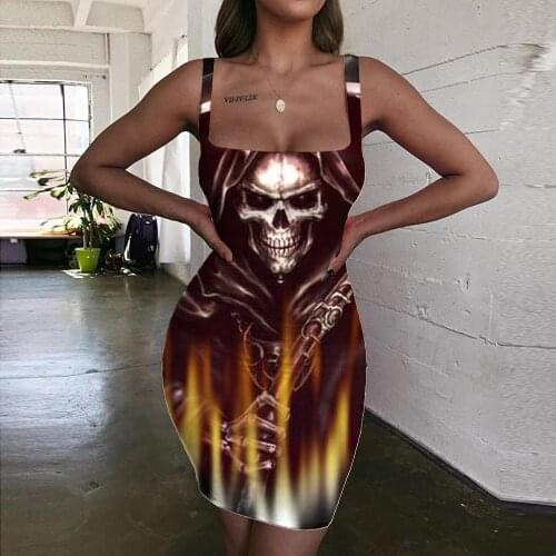 Giyu Brand Skull Dresses Women Sickle Halter Sleeveless Flame Vestido Sexy Harajuku Bodycon Dress Womens Clothing Club Short
