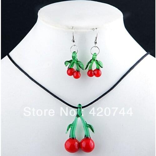 12 Sets/Lot Cherries Lampwork Glass Murano Necklace Earrings Set