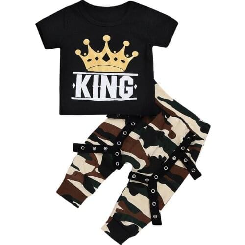 0-5Yrs Toddler Kids Clothing Outfits Cotton Baby Boys Crown Tops T-shirt Camo Pants Set Summer Clothes