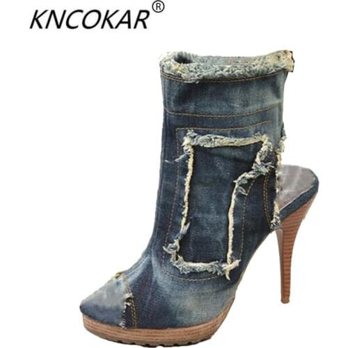 KNCOKAR2018European and American summer new jeans for womens shoes high heels with womens sandals and high heels with fish mou