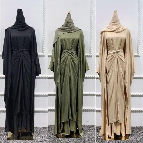 Muslim Hijab Cardigan Abaya Dress 4 Piece Set Fashion Womens Loose Robe Kaftan Islamic Soft Breathable Premium Jilbab Set