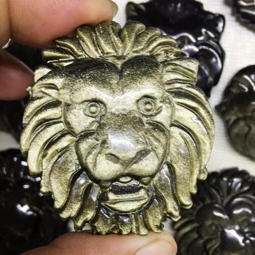 Natural Gold Obsidian Lion Head Wolf Head Pendant Amulet Quartz Crystal Mascot Necklace Healing Crystal Stone Home Decoration