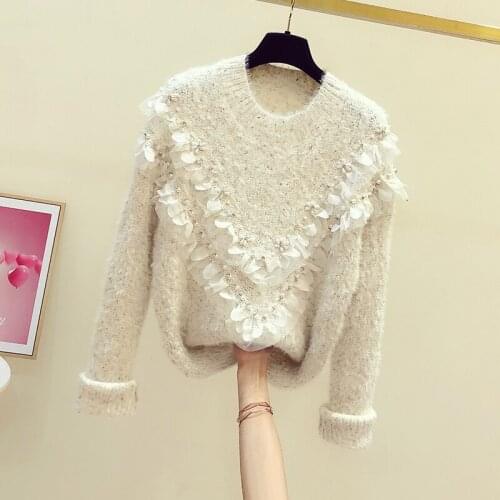 2020 Autumn Winter New Korean Knit Coat Lady Heavy Industry Beads Petal Lace Patchwork Warm Sweater Womens Casual Sweaters Top