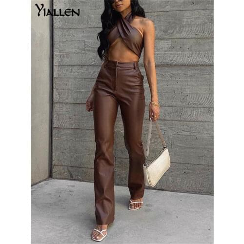 Yiallen Autumn New PU leather Set Women Halter Sleeveless Crop Top And High Waist Straight Long Pants Casual Two Pieces Sets