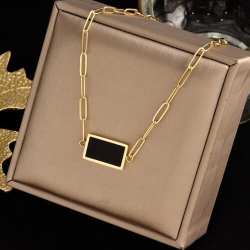 Colorfast 316L stainless steel necklace, square inlaid BLACK GEM PENDANT, exquisite retro fashion simple female gift jewelry