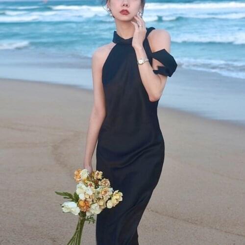 Halter Sexy Party Long Dresses Women Evening Elegant Backless Holiday Summer Beach Dress Korean Chic Designer Hepburn Black 2021