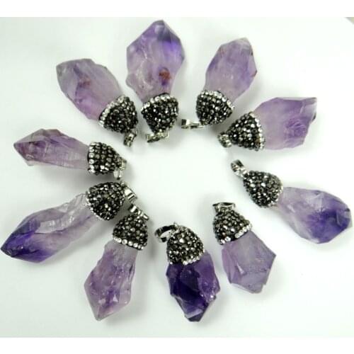 Natural stone Quartz crystal Pendant Rhinestone Clay Pave & Brass Randomly Shaped Purple for diy Jewelry making necklace