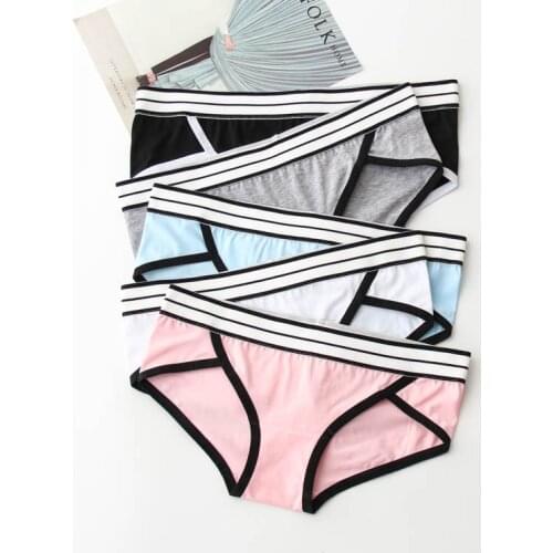 Simple Solid Color Cotton Girls Underwear Fashion Stripes Belt Seamless Panties Sexy Low-Waist Female Briefs Lingerie Tanga