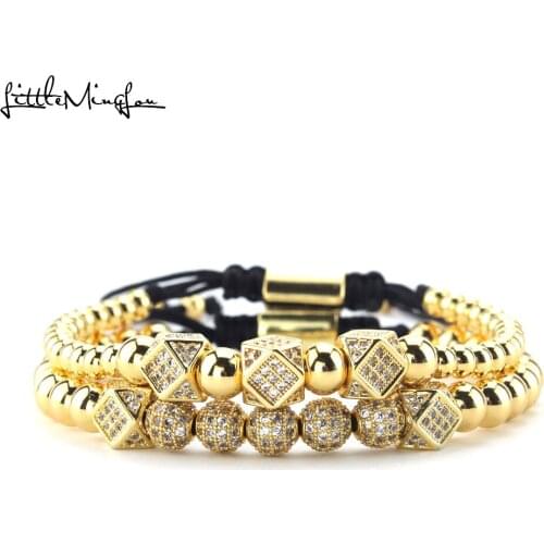 2pcs/set Luxury men Bracelets set CZ polygon ball Charm copper bead Macrame handmade wrap bracelets & bangles for Men Jewelry