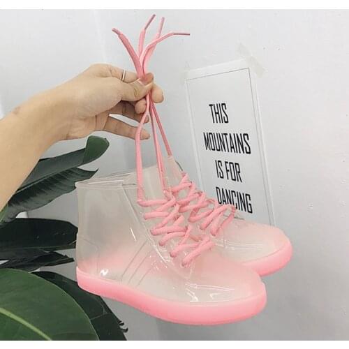 Waterproof Clear jelly shoes for women pvc flats plastic muffins sandals transparent rainshoes student lace up candy loafers2020