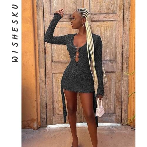Sexy Silver Grey Dresses for Women Cut Out Lace Up Bodycon Mini Dress 2021 Autumn Winter Long Sleeve Party Robe Y2K Clothes