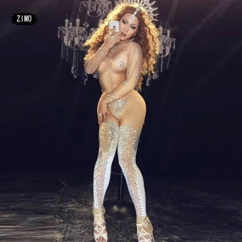 Silver Rhinestones Nude Skinny Jumpsuit Sexy Elastic Stage Wear Nightclub Female DJ Singer Crystals Performance Costume fashion