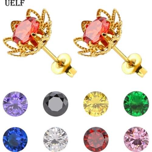 Uelf New Elegant Ladies Shiny Zircon Crystal Blue Red Green Black Pink Lotus T Stud Earrings WeddingStainless Jewelry Gifts