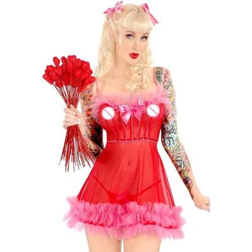 Ladies Christmas Babydoll Dress Erotic Underwear Pink Bow Women Sexy Spaghetti Strap Lingerie Sleepwear For Mistress Gift