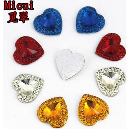 Micui 100pcs 14mm Heart Resin Rhinestone Crystal Stone flatback beads Rhinestone applique For DIY Wedding Decoration ZZ159