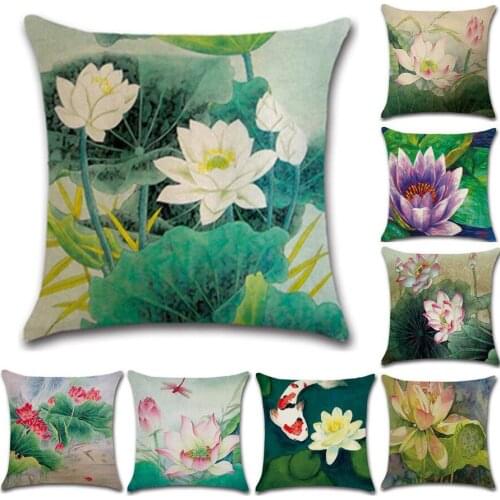 2pcs Decorative throw pillowcase Ink lotus cotton linen cushion cover Chinese style hand-painted pen lotus for sofa home decor