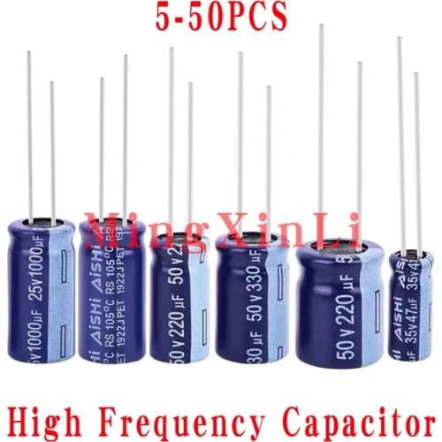 5-50pcs AISHI Aluminium Electrolytic Capacitor 10V 16V 25v 35V 50V 63V 100V RS Series High Frequency Low Impedance Blue Color