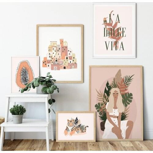 Abstract Fashion Vintage Girl Tiger Plant Wall Art Canvas Painting Nordic Posters And Prints Wall Pictures For Living Room Decor