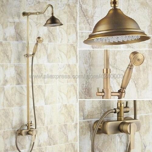 Antique Brass Bathroom Rainfall Shower Faucet Set Single Handle Mixer Tap With Hand Sprayer Wall Mounted Bath Shower Sets Krs201