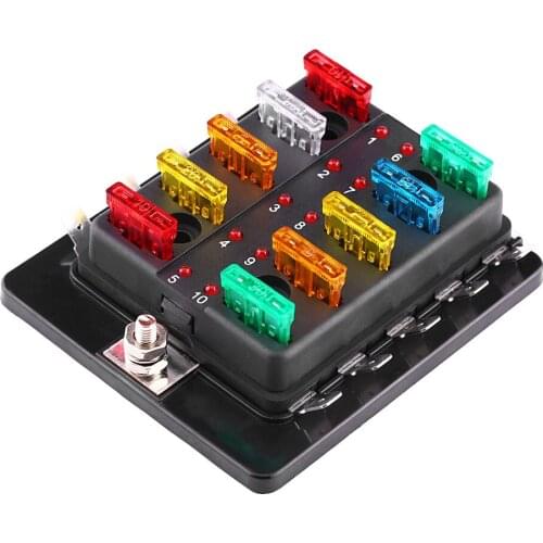 100 amp PA66 Base Clear PC Cover 10 Way Circuit Blade Fuse Box Block Holder With LED Warning Light Kit For Car Van Boat Marine