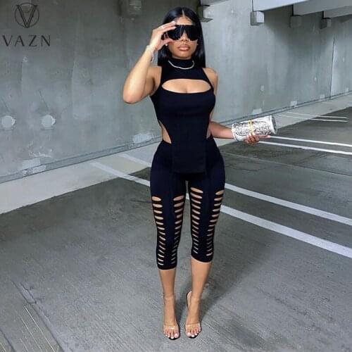 VAZN 2021 INS Classic Black Hollow out Open Sexy Club Tank Sleeve Bodysuits Knee Length High Waist Women Skinny 2 Piece Set