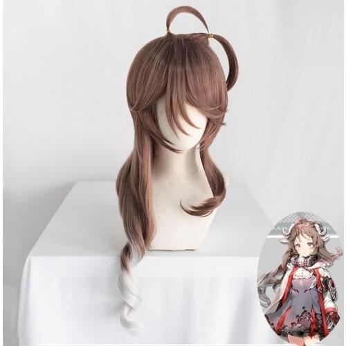 Game Arknights Eyjafjalla Cosplay Wig 80cm Brown Silver Gray Gradient Wavy Hair Cosplay Wig