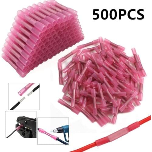 500/1000PCS Red Heat Shrink Connectors Insulated Waterproof Crimp Terminals Seal Butt Electrical Wire Connector 22-18 AWG