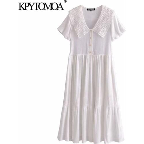 KPYTOMOA Women 2021 Fashion With Wide Embroidery Collar White Midi Dress Vintage Puff Sleeves Lining Female Dresses Vestidos