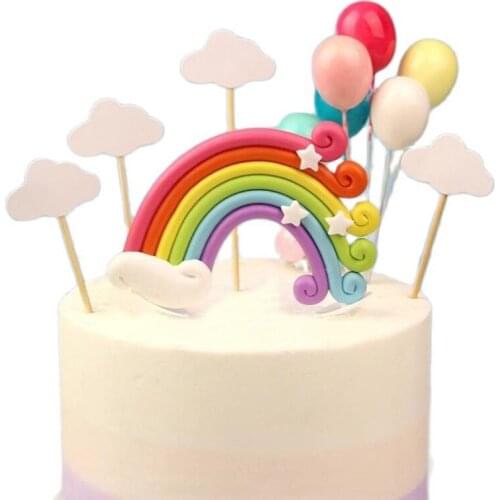 Colorful Rainbow Cake Topper Happy Birthday Wedding Cake Flags Cloud Balloon Cake Flag Birthday Party Baking Decoration Supplies
