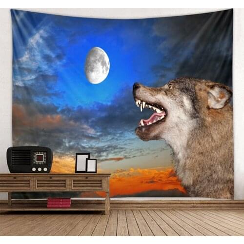 Lingxia-Lone wolf printing tapestry under the night sky is soft and easy to care for wall decoration hanging cloth