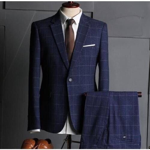British Style Blue Plaid Men Suits One Button Wedding Groom Tuxedos esmoquin hombre men wedding suits 2017(jacket+pant+vest)