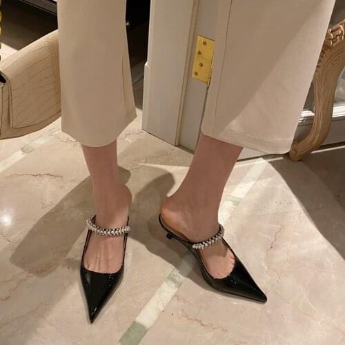 Female Shoes Shallow Pointed Toe Mules For Women 2021 Thin Heels Slippers Soft Beige Heeled Sandals Slides Fashion New Comfort H