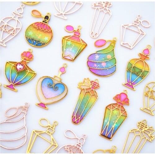 NEW 10 pcs/lotVarious shapes of perfume bottles Metal Frame Pendant Gold Charm Bezel Setting Cabochon Setting UV Resin Charm