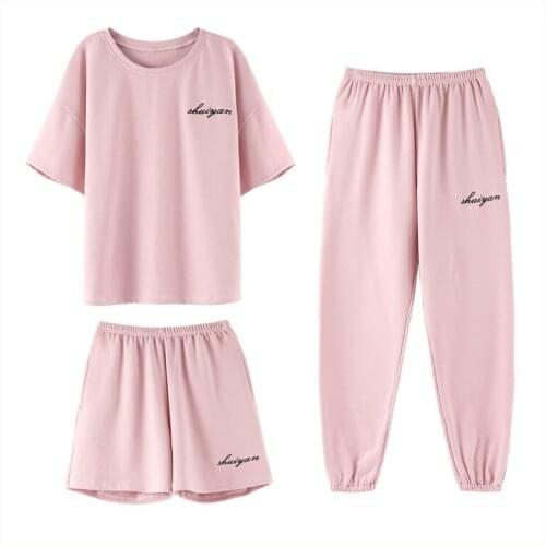 Three-piece Set Pajamas Female Summer Pure Cotton Short Sleeve Trousers Korean-style Sweet Lettered Simple Sports Beam Foot Casu