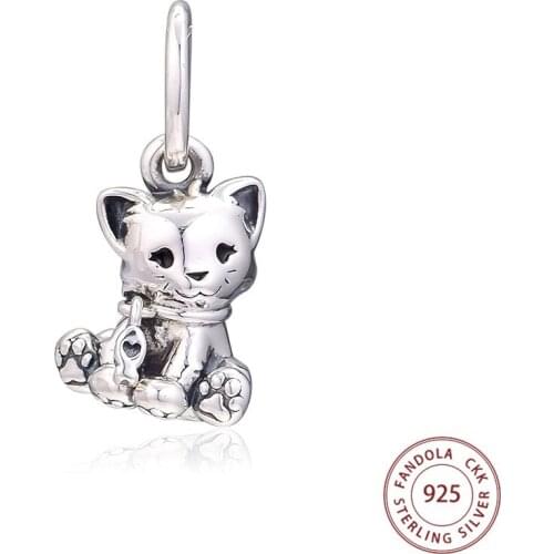 100% 925 Sterling Silver Sweet Cat Dangle Charms Beads Fits Pandora Bracelets Necklaces for Women Charm Silver 925 Jewelry