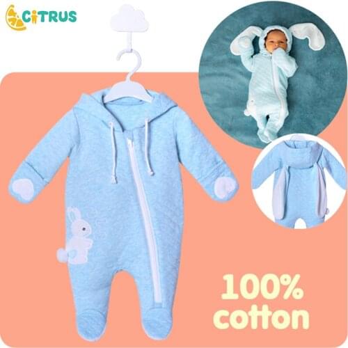 CITRUS Baby Clothes Pure Cotton Zipper Romper Cartoon Blue Rabbit Jumpsuit Costume Newborn 3 6 9 12 Month For Boy Girls