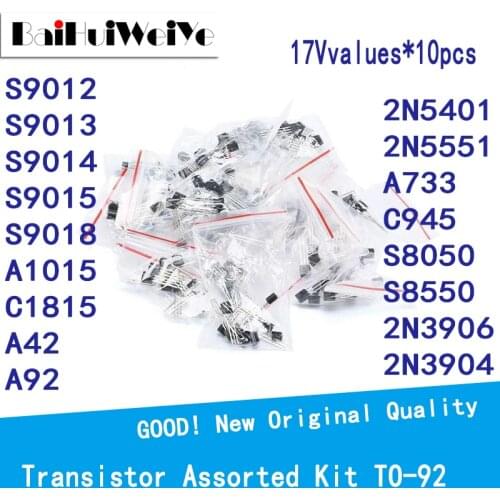 170PCS Transistor Assorted Kit S9012 S9013 S9014 9015 9018 A1015 C1815 A42 A92 2N5401 2N5551 A733 C945 S8050 S8550 2N3906 2N3904